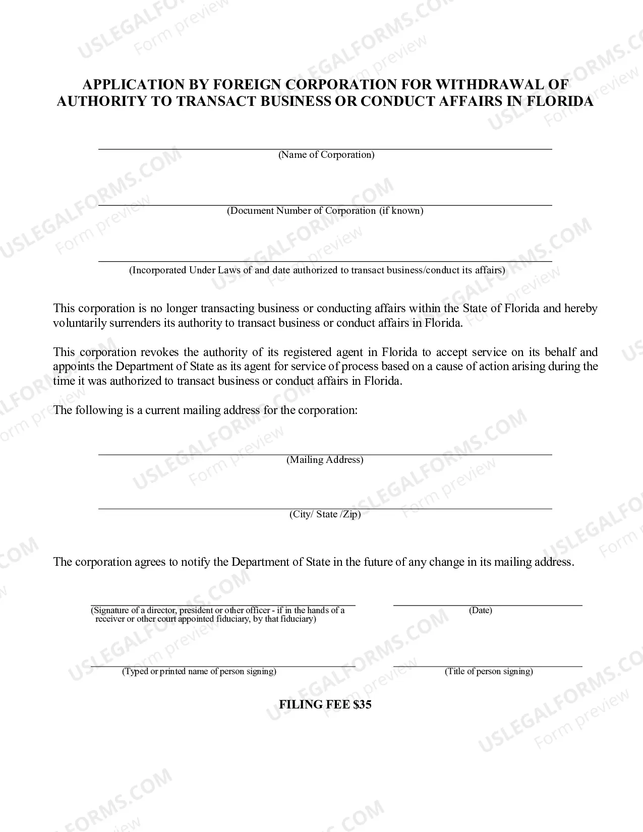 Preview Application By Foreign Corporation For Withdrawal of Authority To Transact Business Or Conduct Affairs In Florida