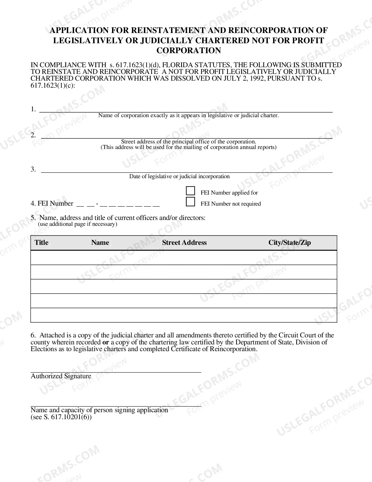 Preview Application For Reinstatement And Reincorporation of Legislatively Or Judicially Chartered Not For Profit Corporation