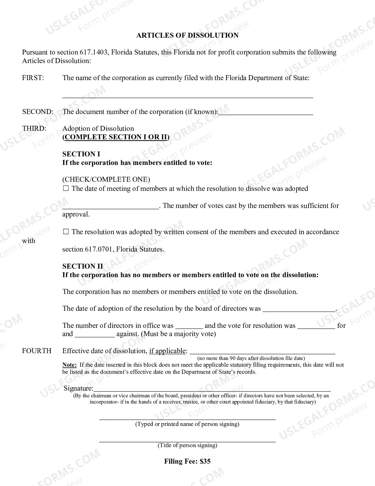 Preview Articles of Dissolution (Florida Not For Profit Corporation)