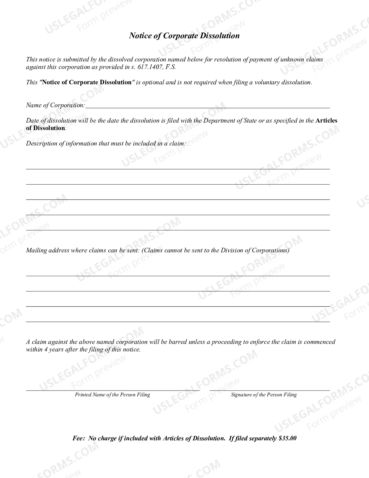 Preview Articles of Dissolution (Florida Not For Profit Corporation)