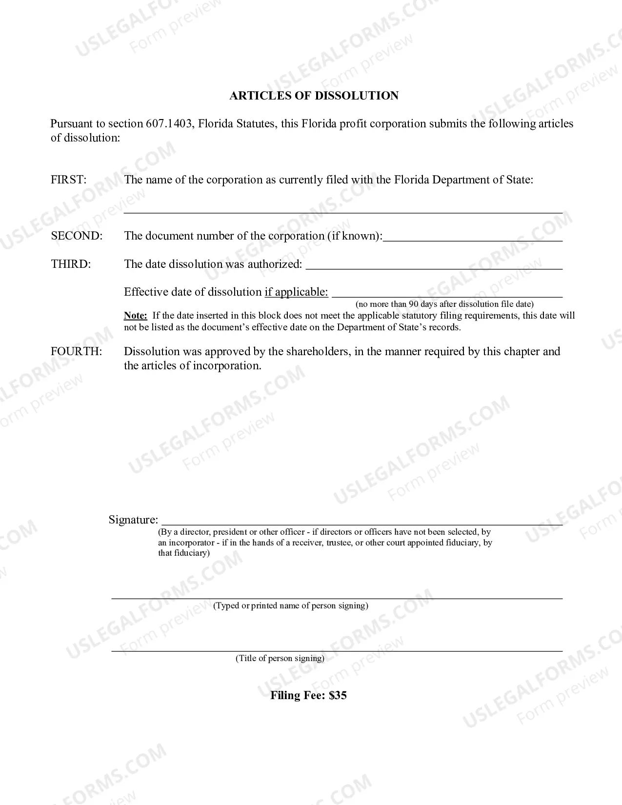 Preview Articles of Dissolution (Florida Profit Corporation)