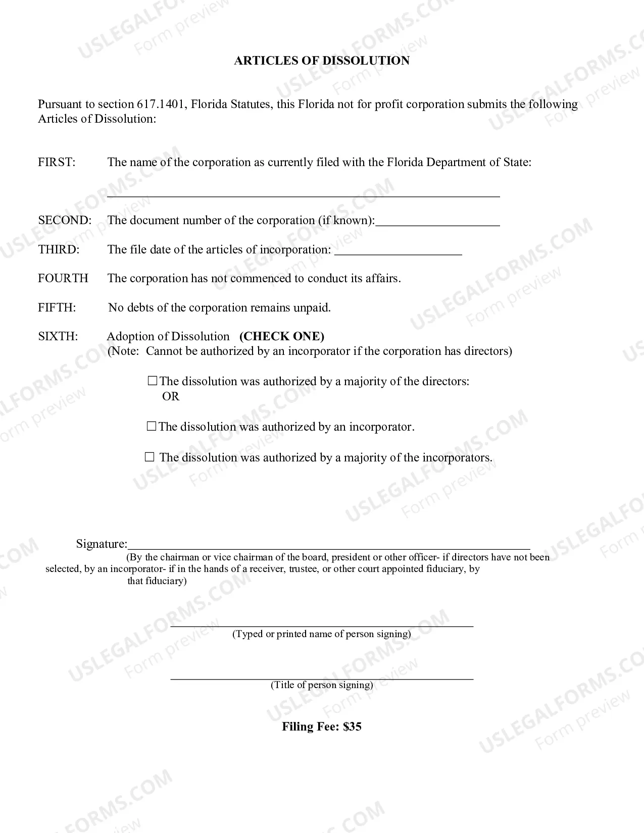 Preview Articles of Dissolution Prior To Commencement of Business (Florida Not For Profit Corporation)