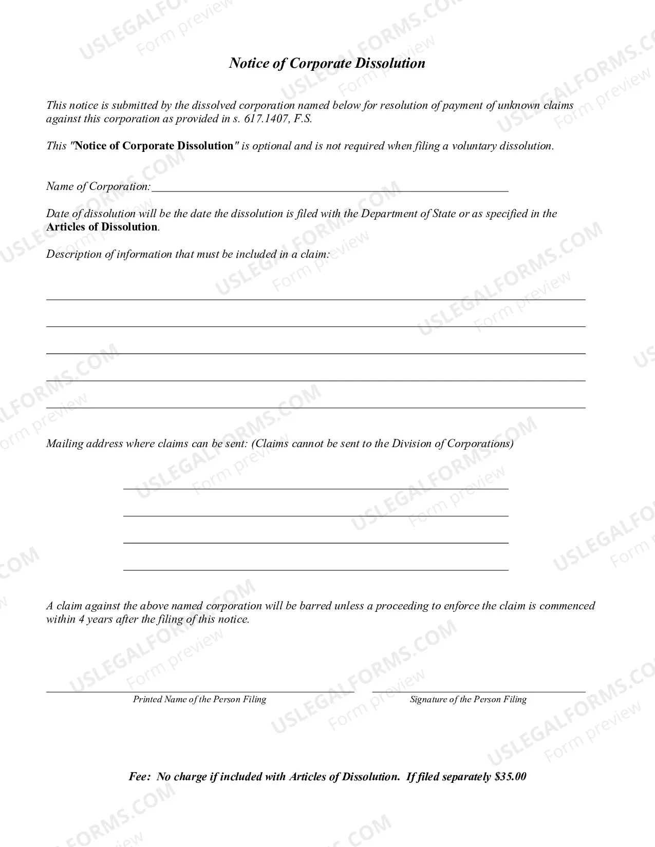Preview Articles of Dissolution Prior To Commencement of Business (Florida Not For Profit Corporation)