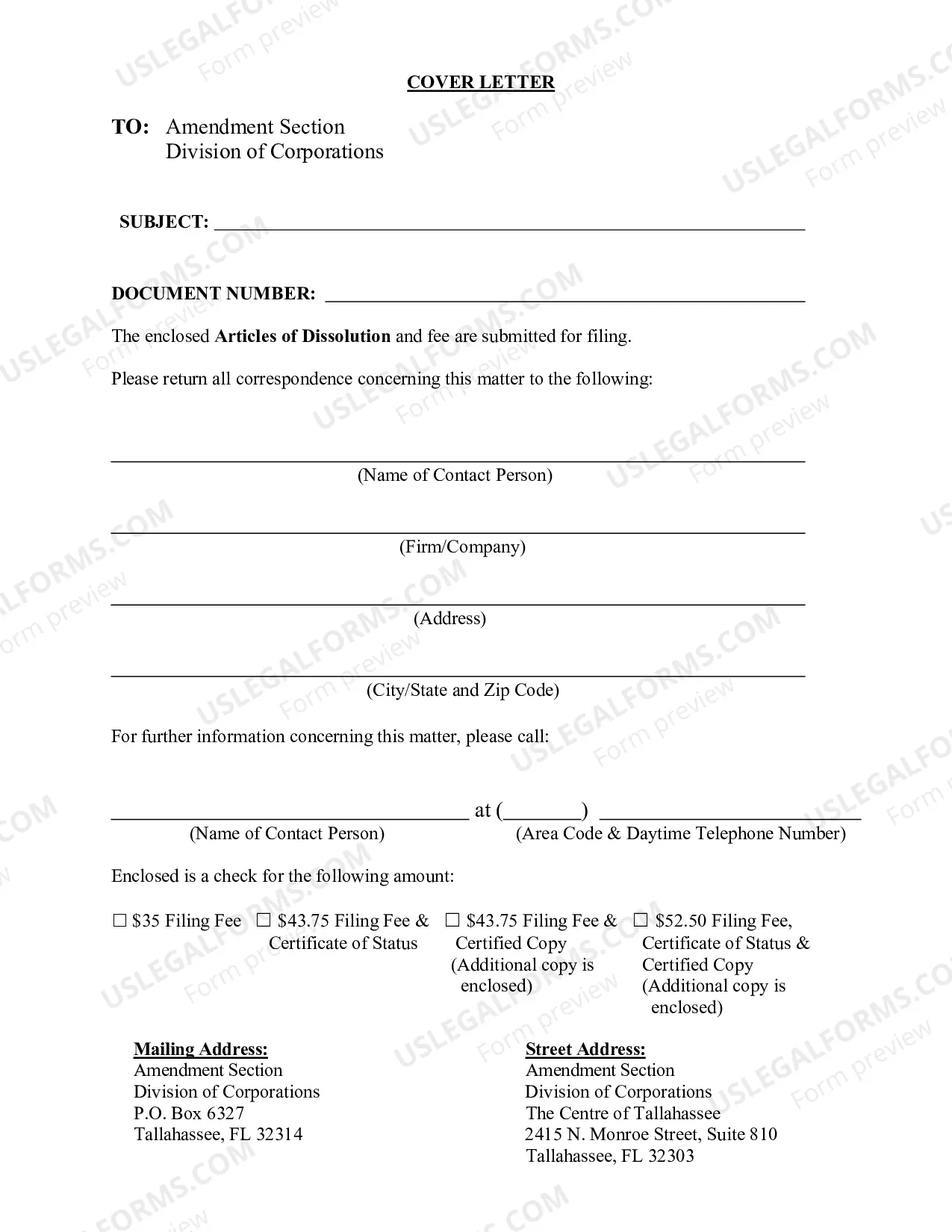 Preview Articles of Dissolution Prior To Commencement Of Business or Issuing Shares (Florida Profit Corporation)