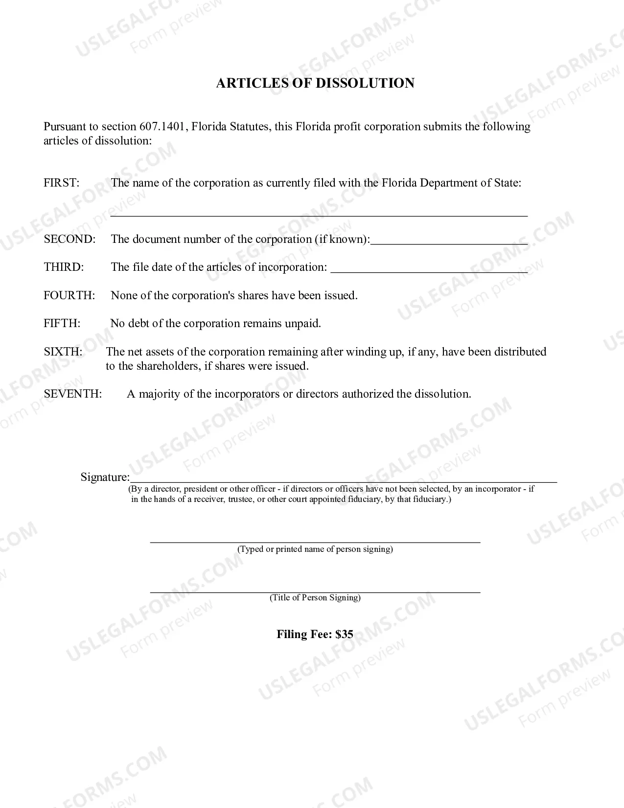 Preview Articles of Dissolution Prior To Commencement Of Business or Issuing Shares (Florida Profit Corporation)