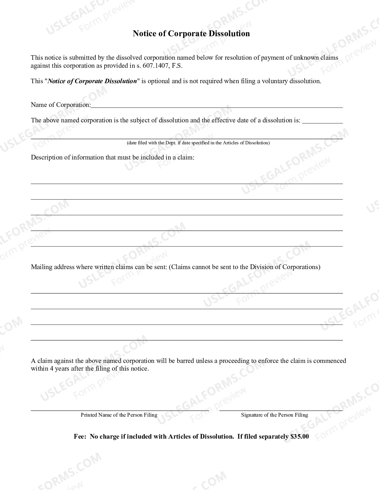 Preview Articles of Dissolution Prior To Commencement Of Business or Issuing Shares (Florida Profit Corporation)