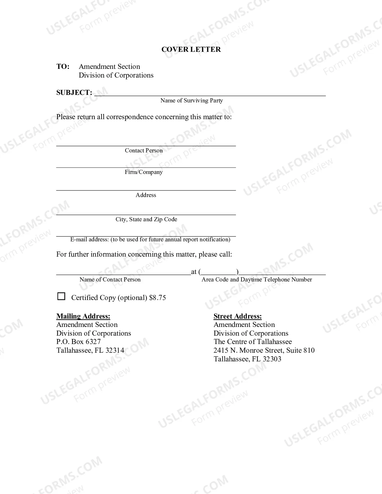 Preview Articles of Merger of Florida for Profit ot non-Profit Corporations into Other Business Entity