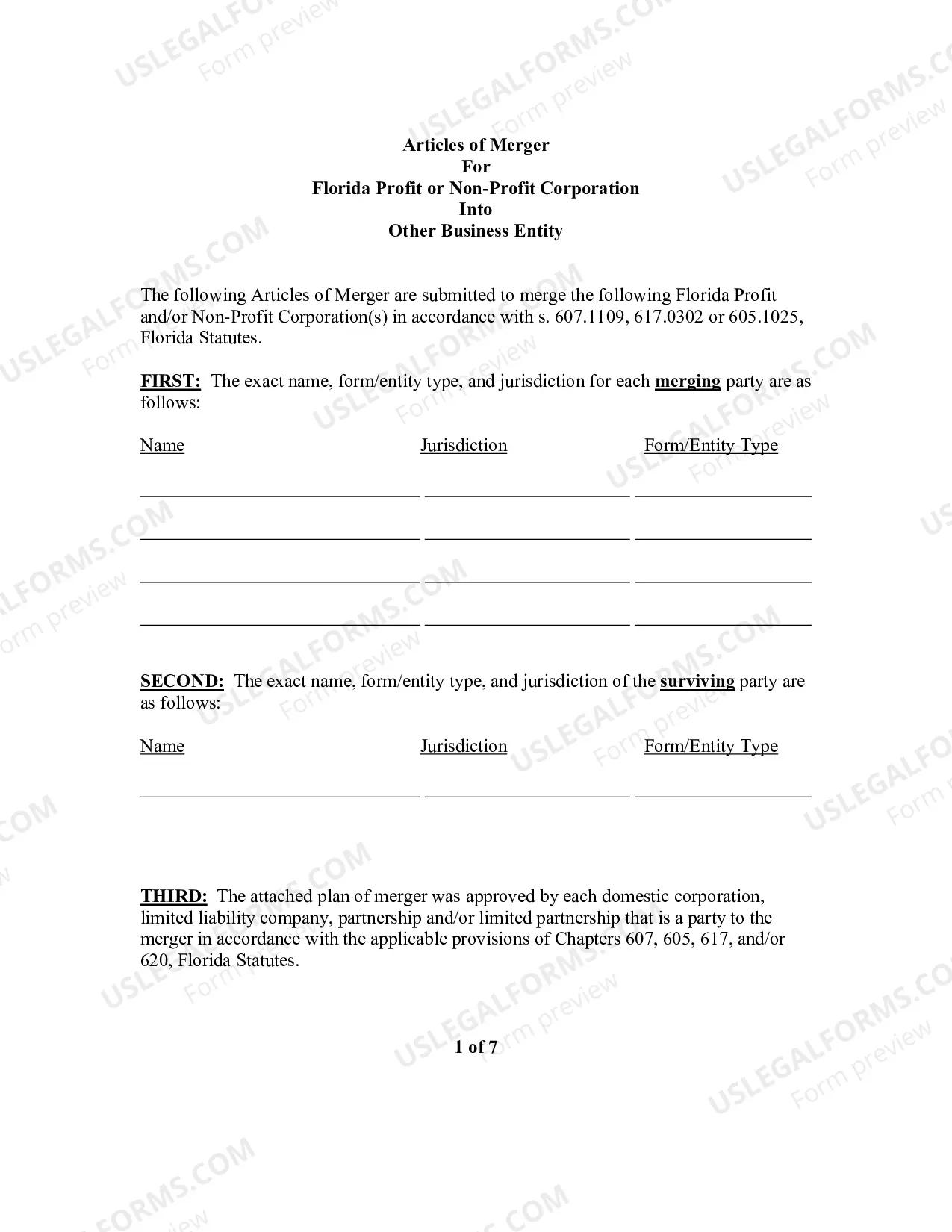 Preview Articles of Merger of Florida for Profit ot non-Profit Corporations into Other Business Entity