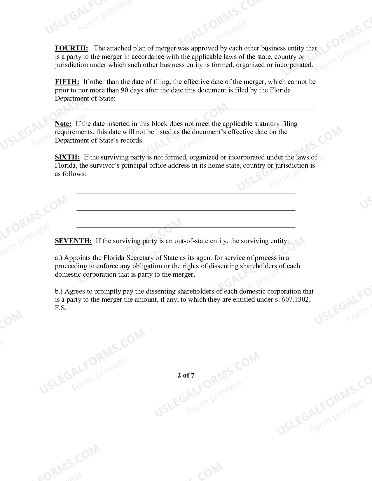 Preview Articles of Merger of Florida for Profit ot non-Profit Corporations into Other Business Entity