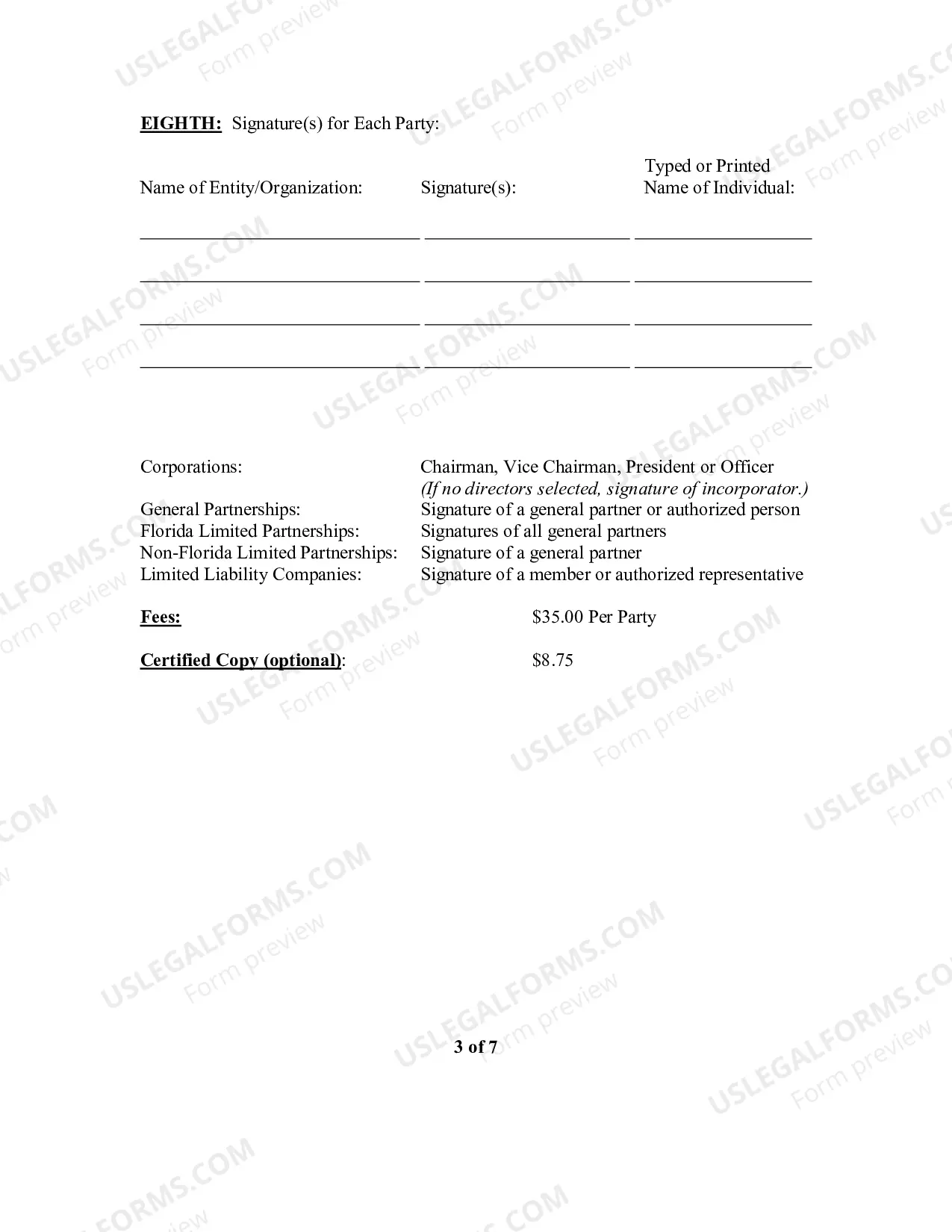 Preview Articles of Merger of Florida for Profit ot non-Profit Corporations into Other Business Entity