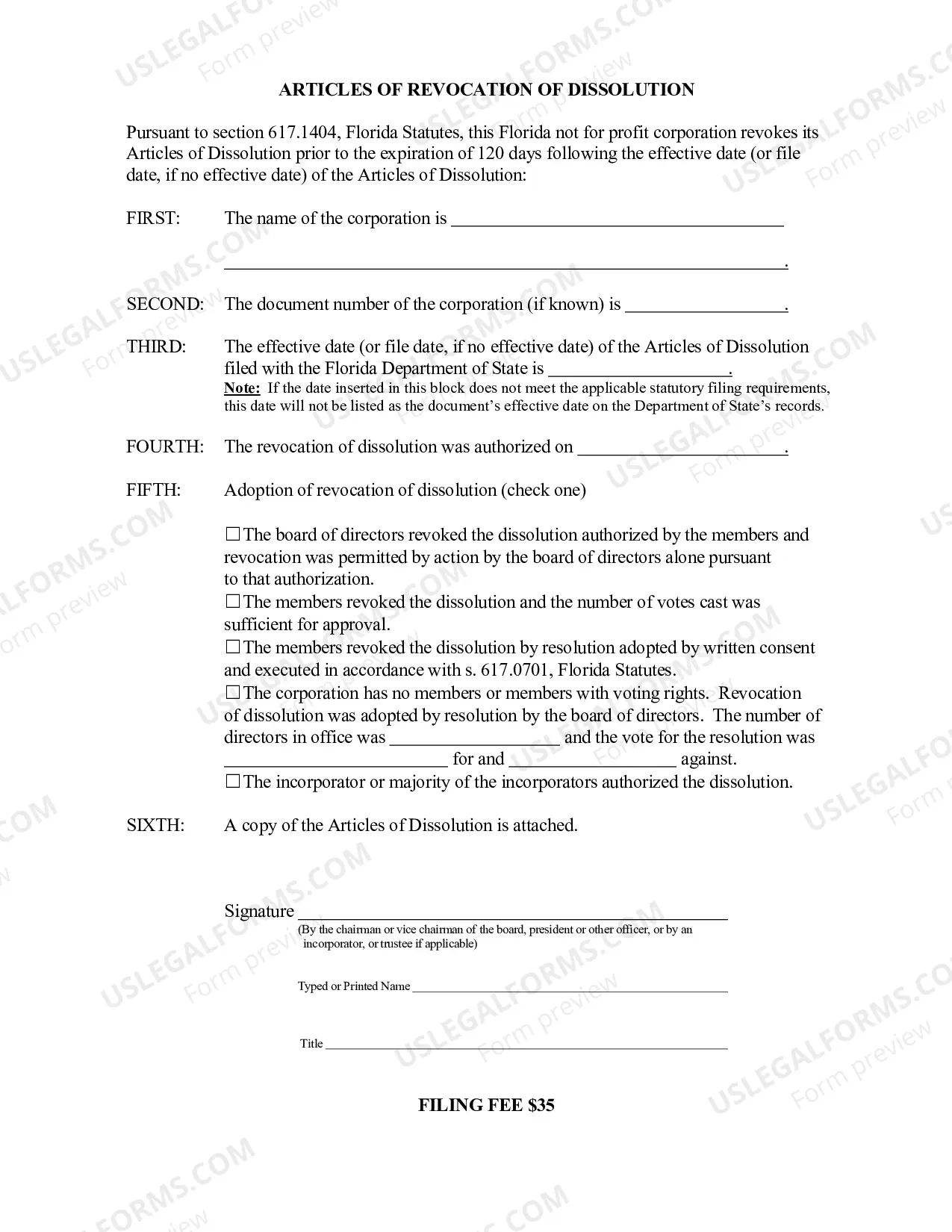 Preview Articles of Revocation Of Dissolution (Florida Not For Profit Corporation)
