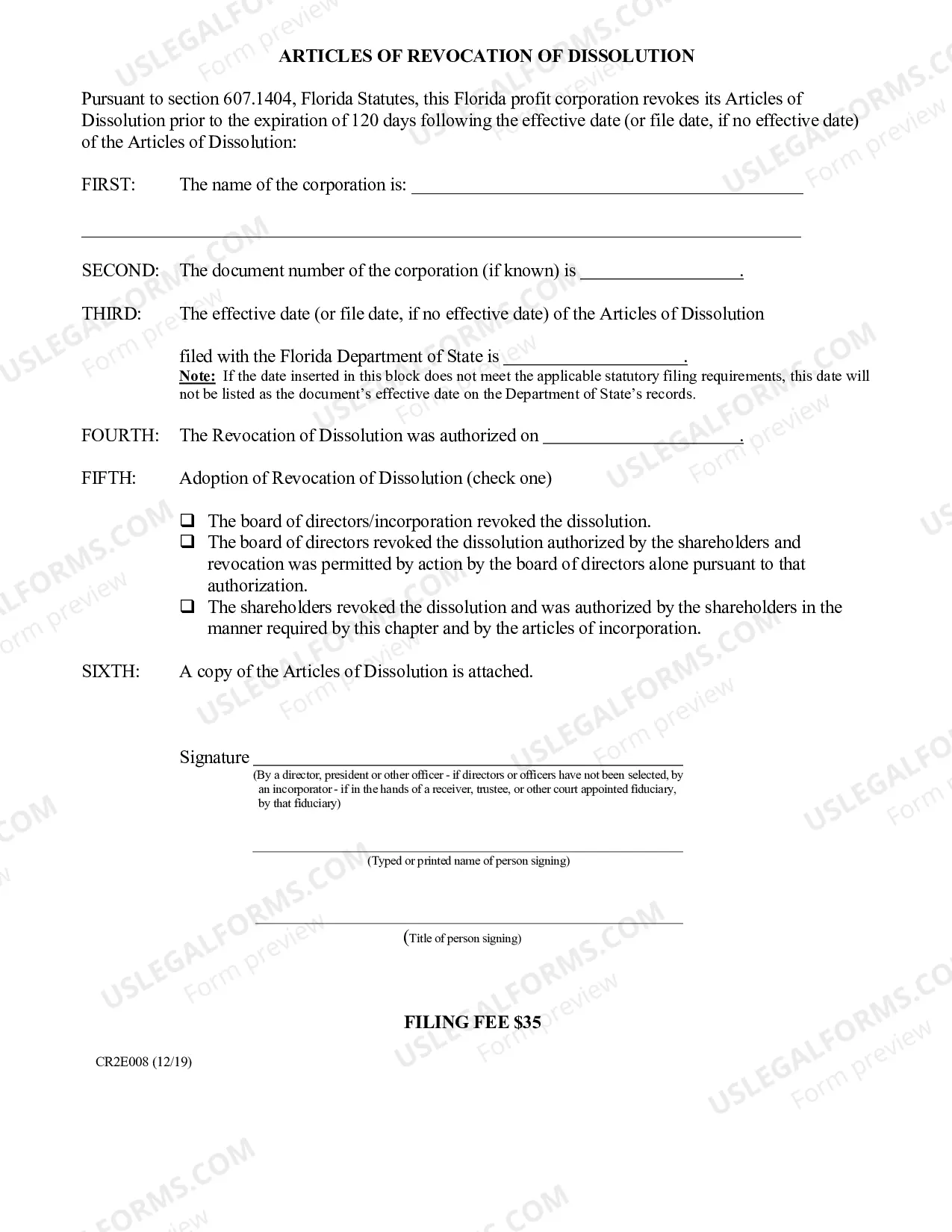 Preview Articles of Revocation Of Dissolution (Florida Profit Corporation)