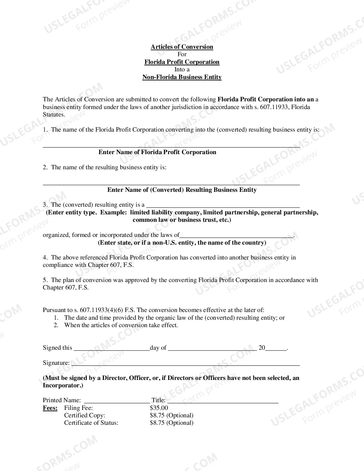Preview Certificate of Conversion (Florida Profit Corporation Into Other Business Entity