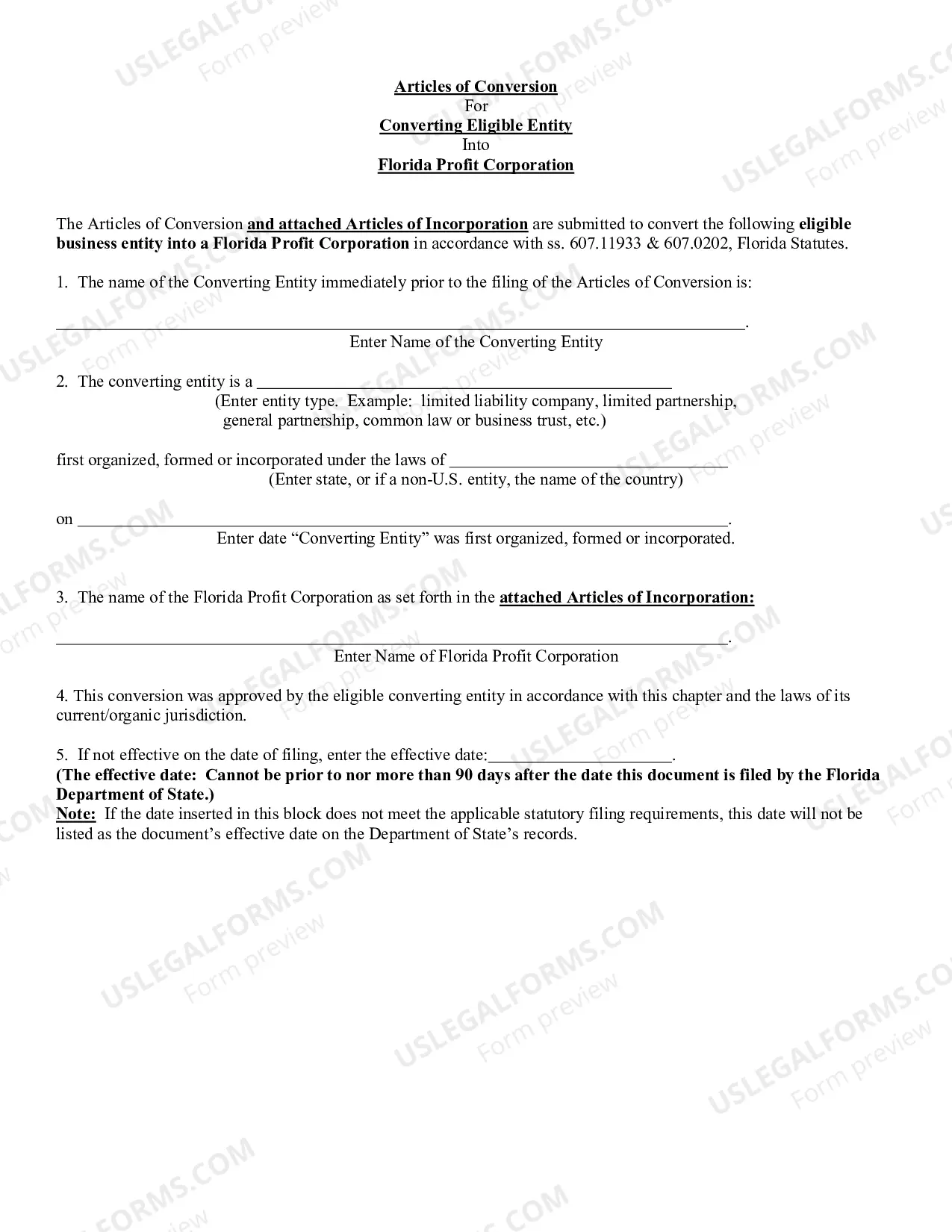 Preview Certificate of Conversion (Other Business Entity Into Florida Profit Corporation
