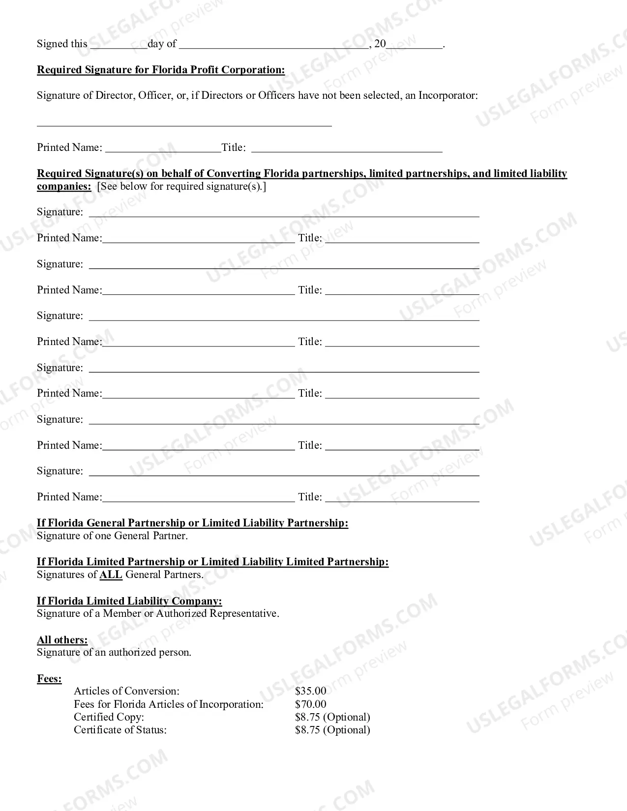 Preview Certificate of Conversion (Other Business Entity Into Florida Profit Corporation