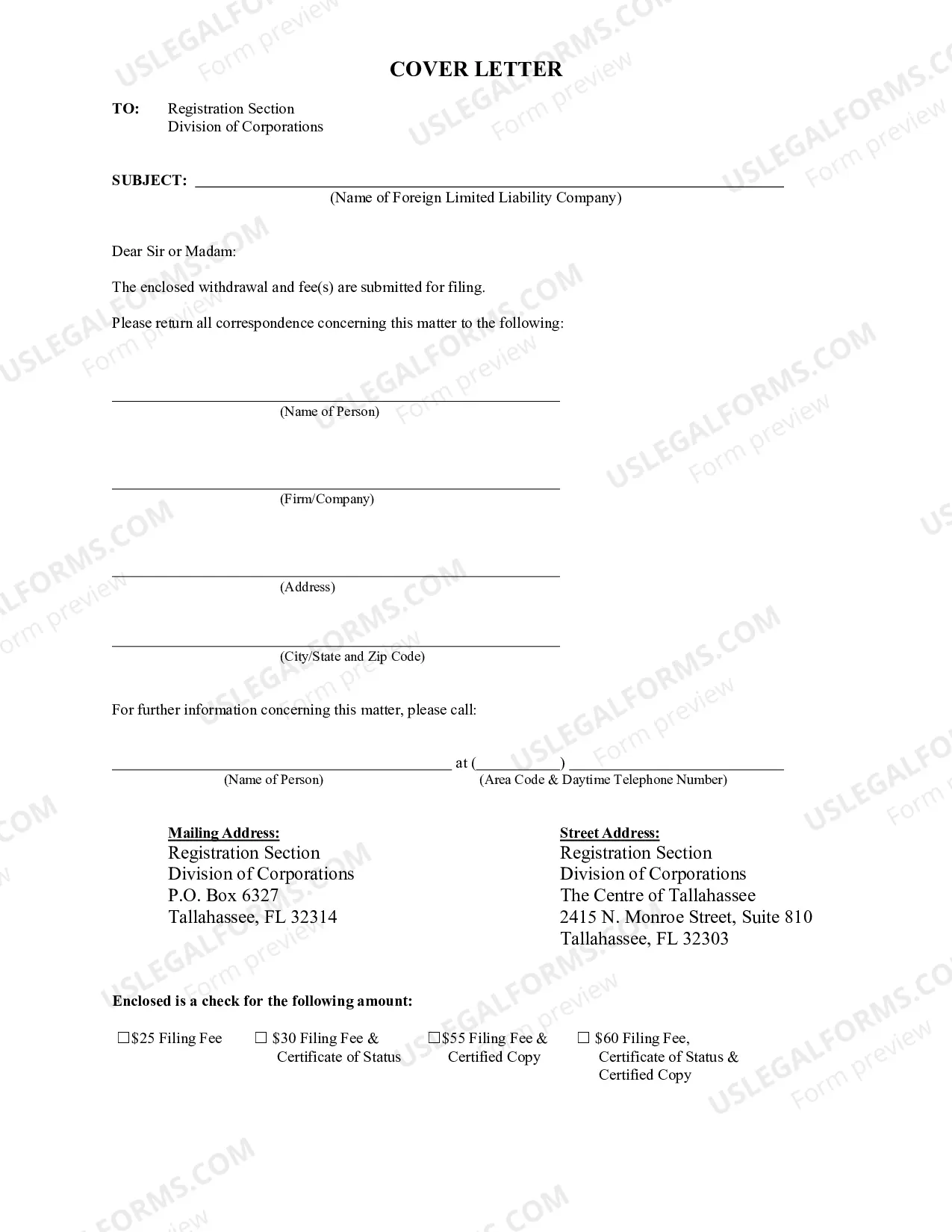 Preview Application By Foreign Limited Liability Company For Withdrawal of Authority To Transact Business In Florida