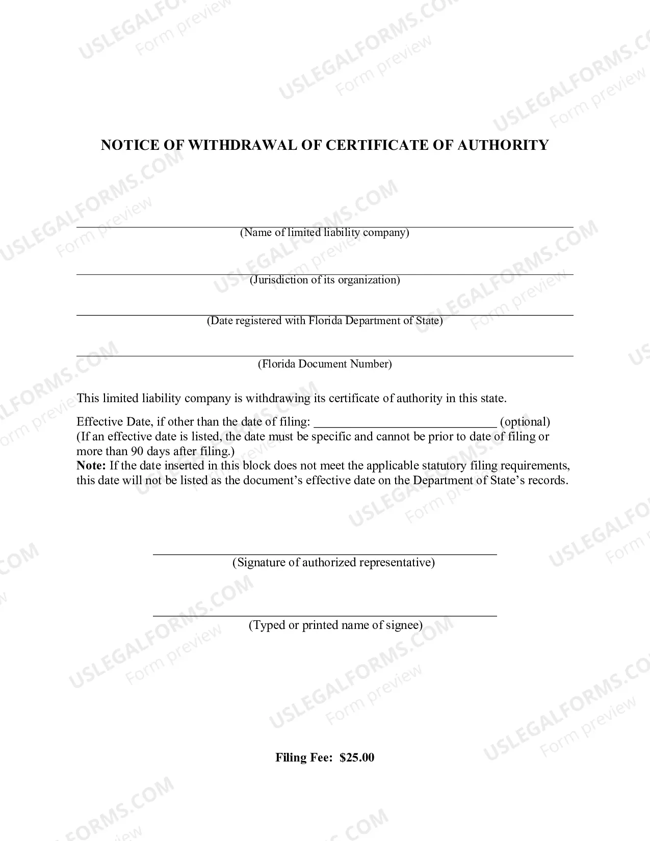 Preview Application By Foreign Limited Liability Company For Withdrawal of Authority To Transact Business In Florida
