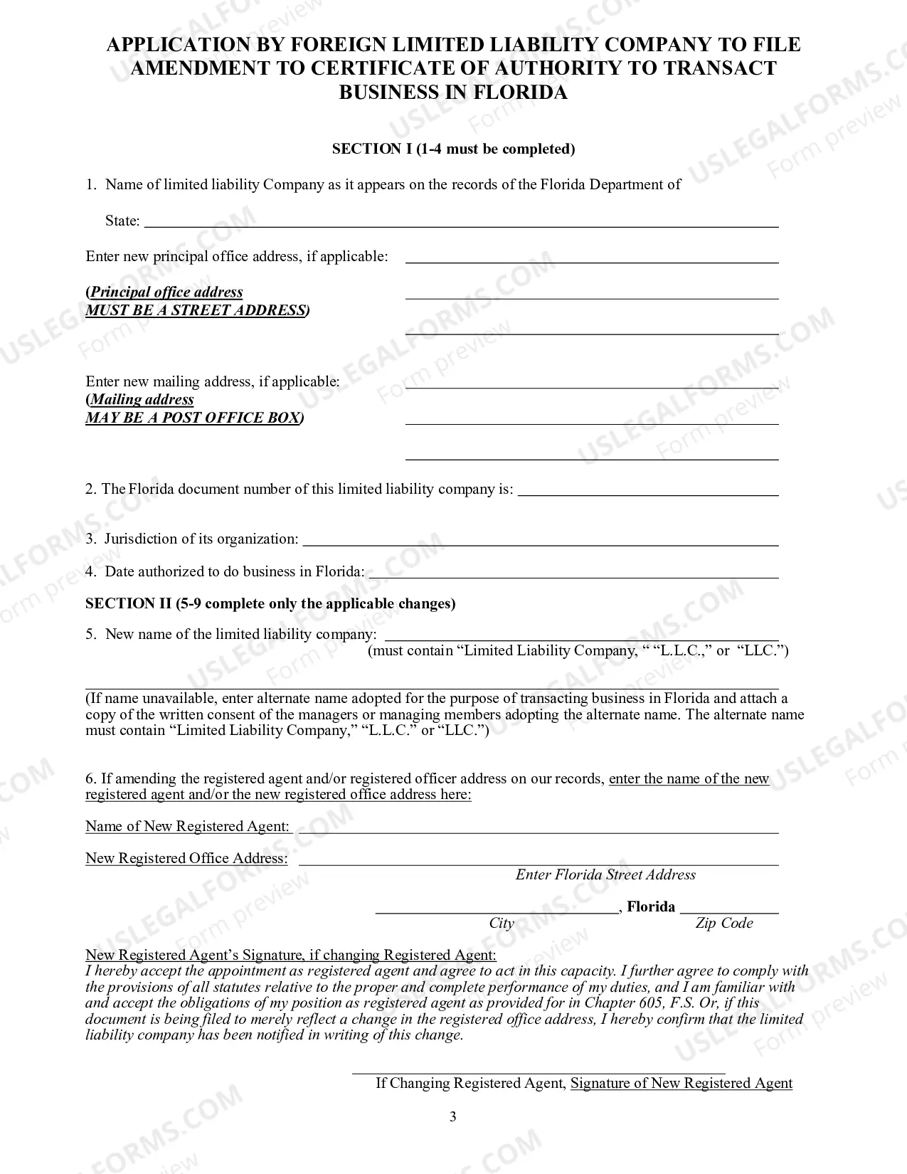 Preview Application By Foreign LLC To File Amendment To Certificate of Authority To Transact Business In Florida