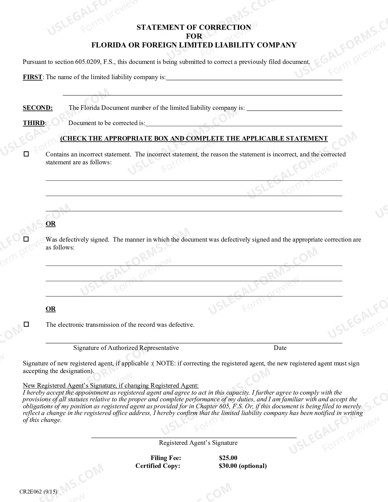 Preview Articles of Correction For Florida Or Foreign Limited Liability Company