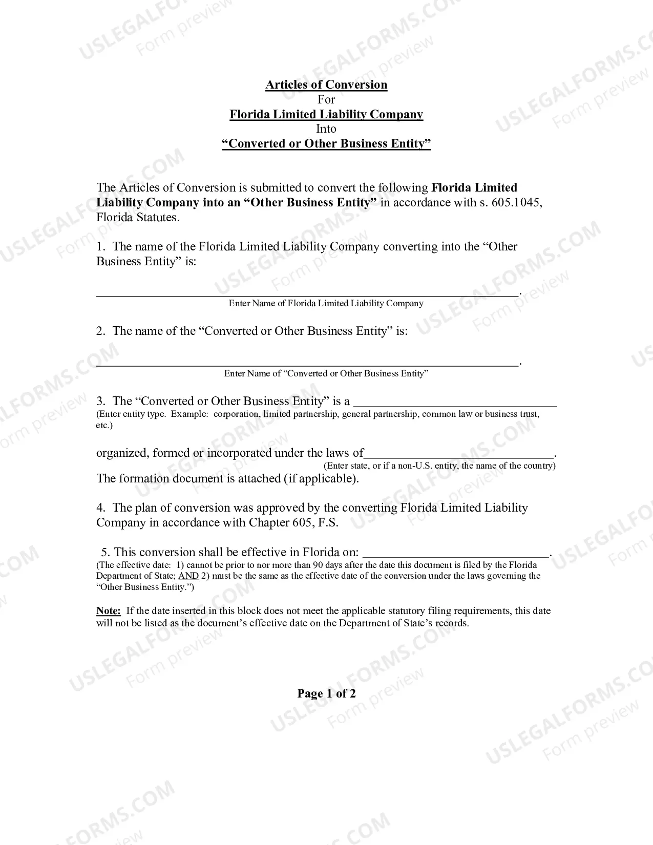 Preview Certificate of Conversion For Florida Limited Liability Company Into Other Business Entity Into