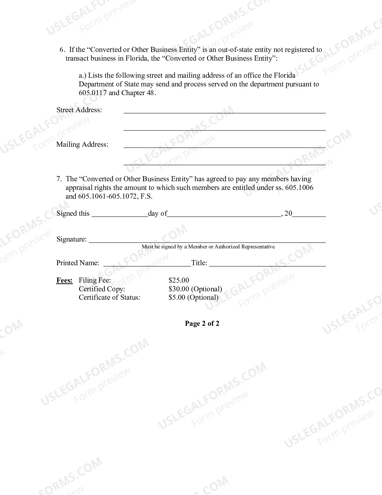Preview Certificate of Conversion For Florida Limited Liability Company Into Other Business Entity Into