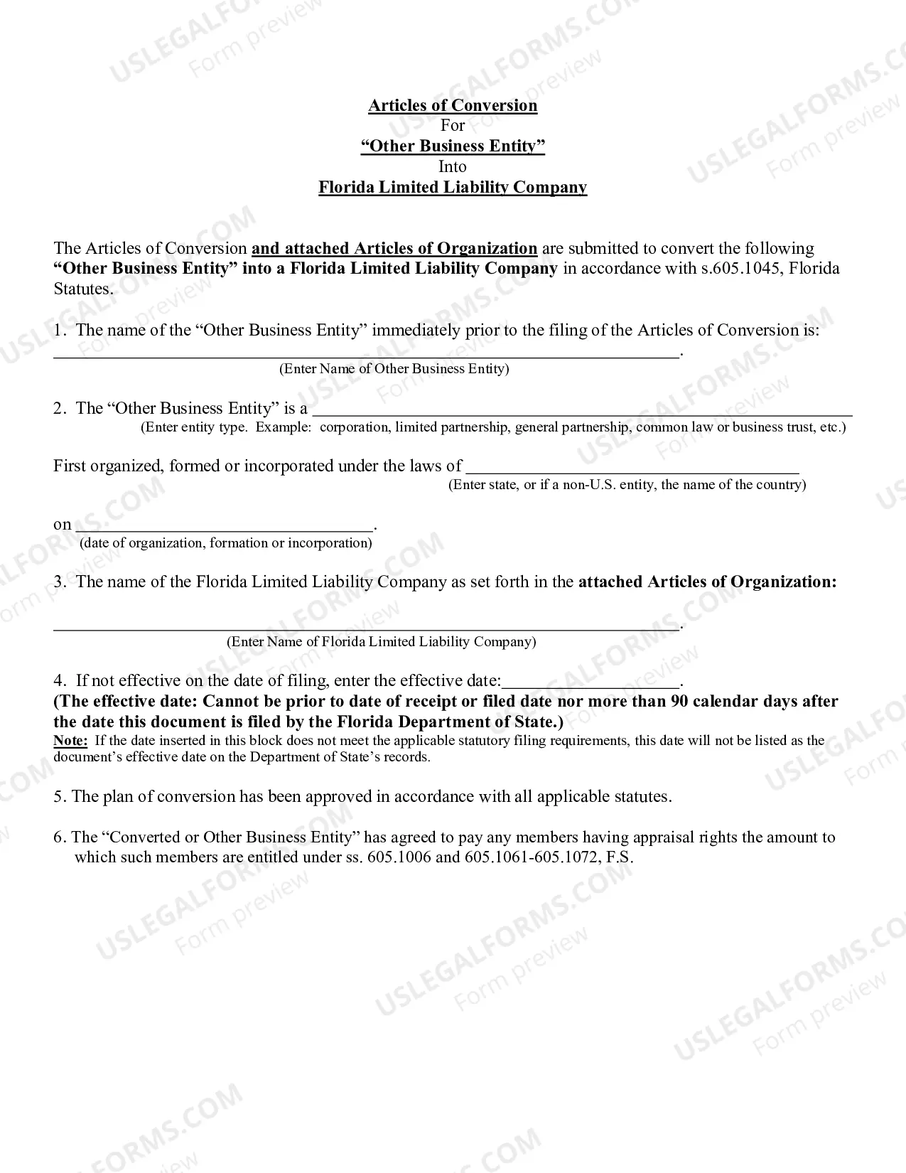 Preview Certificate of Conversion For Other Business Entity Into Florida LLC