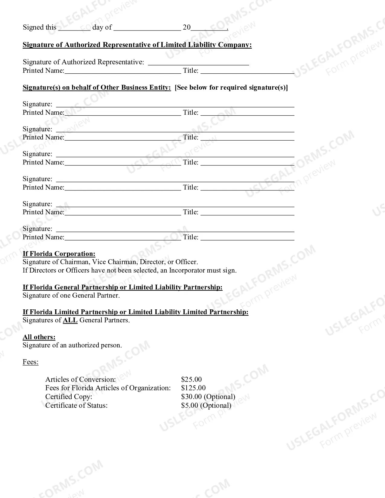 Preview Certificate of Conversion For Other Business Entity Into Florida LLC