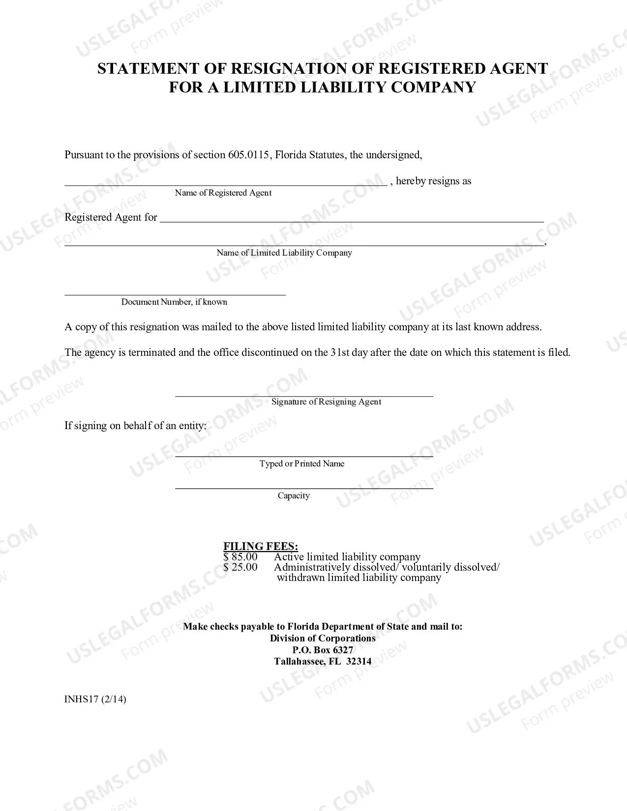 Preview Resignation of Registered Agent For A Limited Liability Company