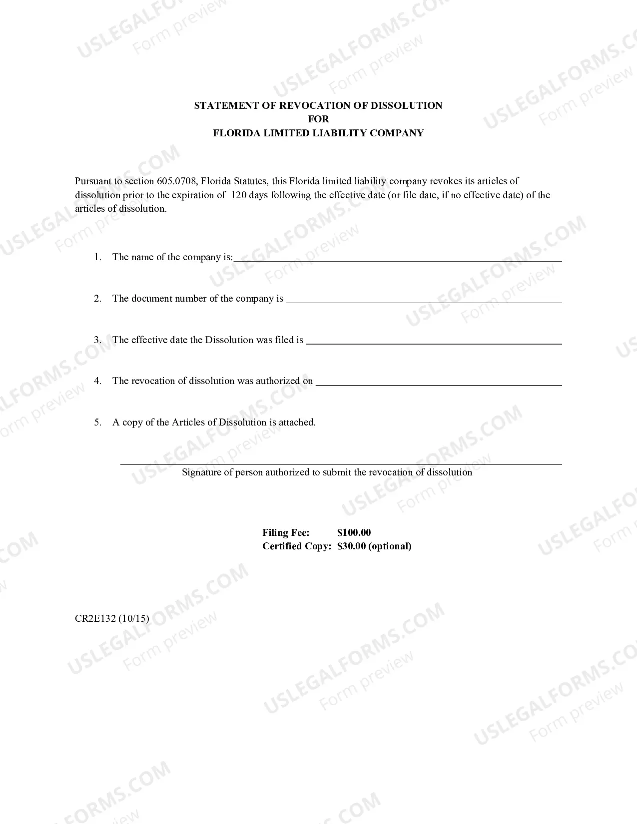 Preview Statement of Revocation Of Dissolution For Florida Limited Liability Company