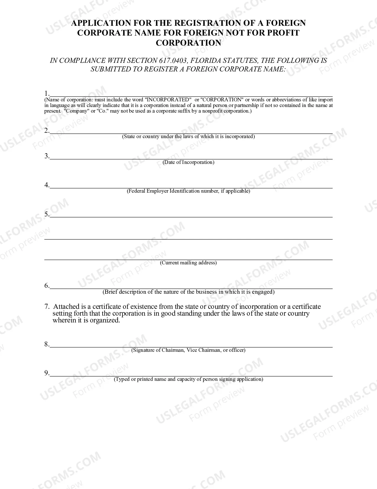 Preview Application For The Registration of A Corporate Name For Foreign Not For Profit Corporation