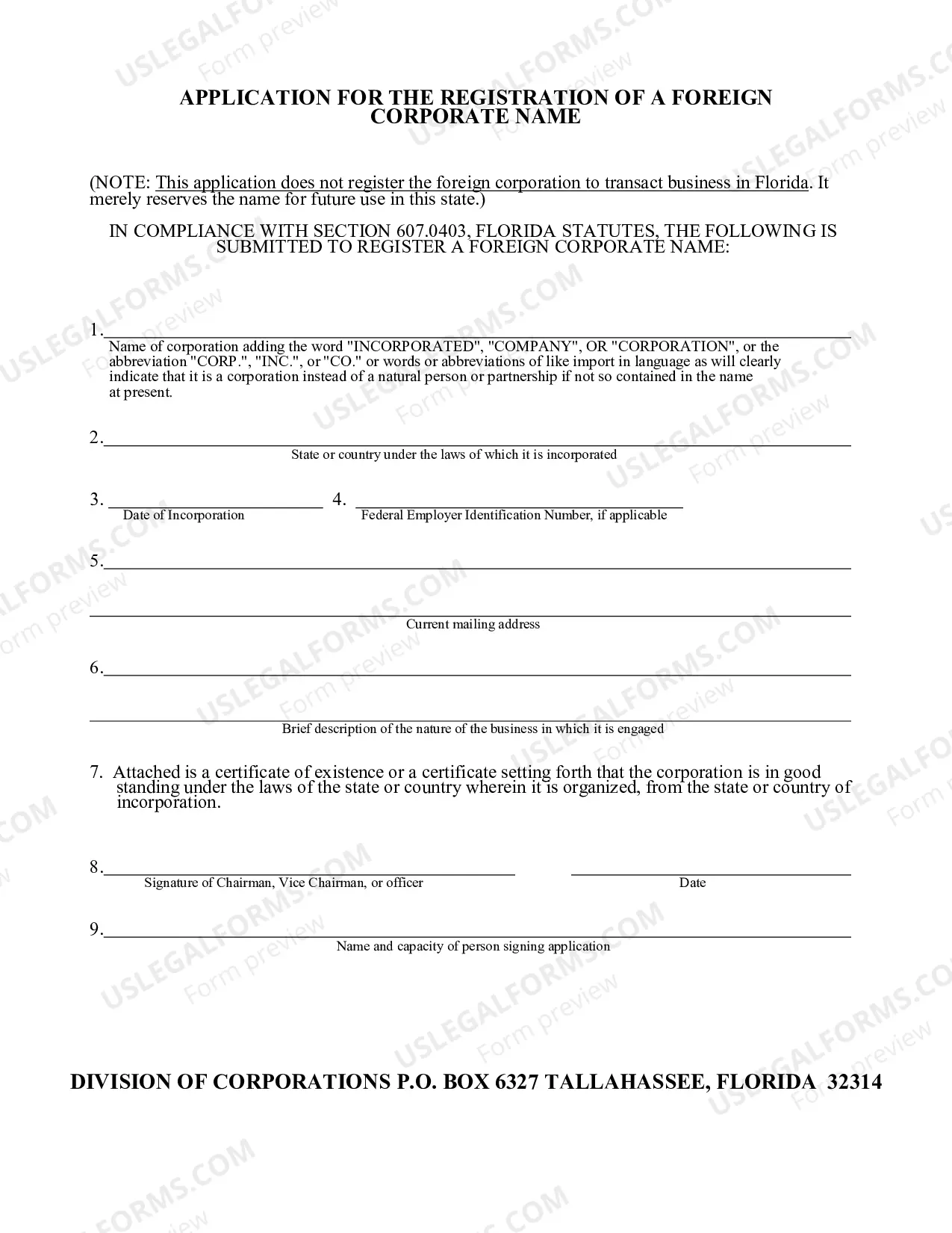 Preview Application For The Registration of A Foreign Corporate Name
