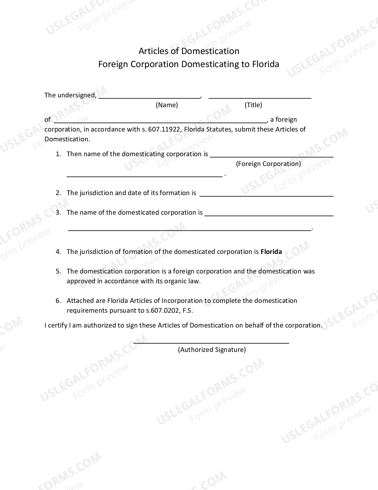 Preview Certificate of Domestication
