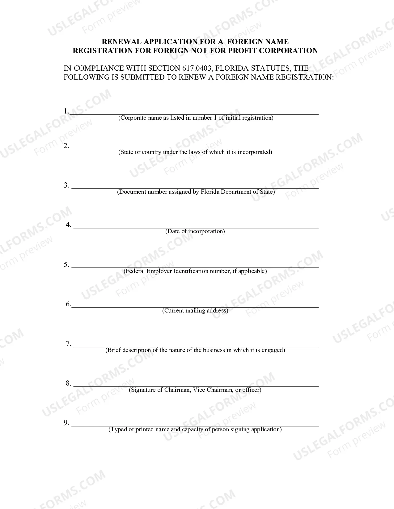 Preview Renewal Application For A Foreign Name Registration For Foreign Not For Profit Corporation