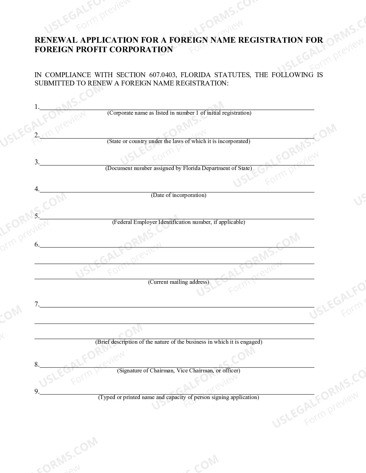 Preview Renewal Application For A Foreign Name Registration For Foreign Profit Corporation