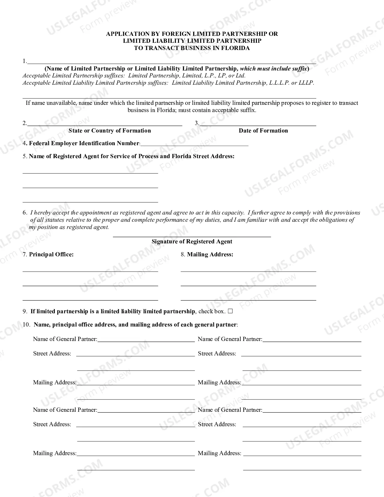 Preview Application By Foreign Limited Partnership For Authorization To Transact Business In Florida