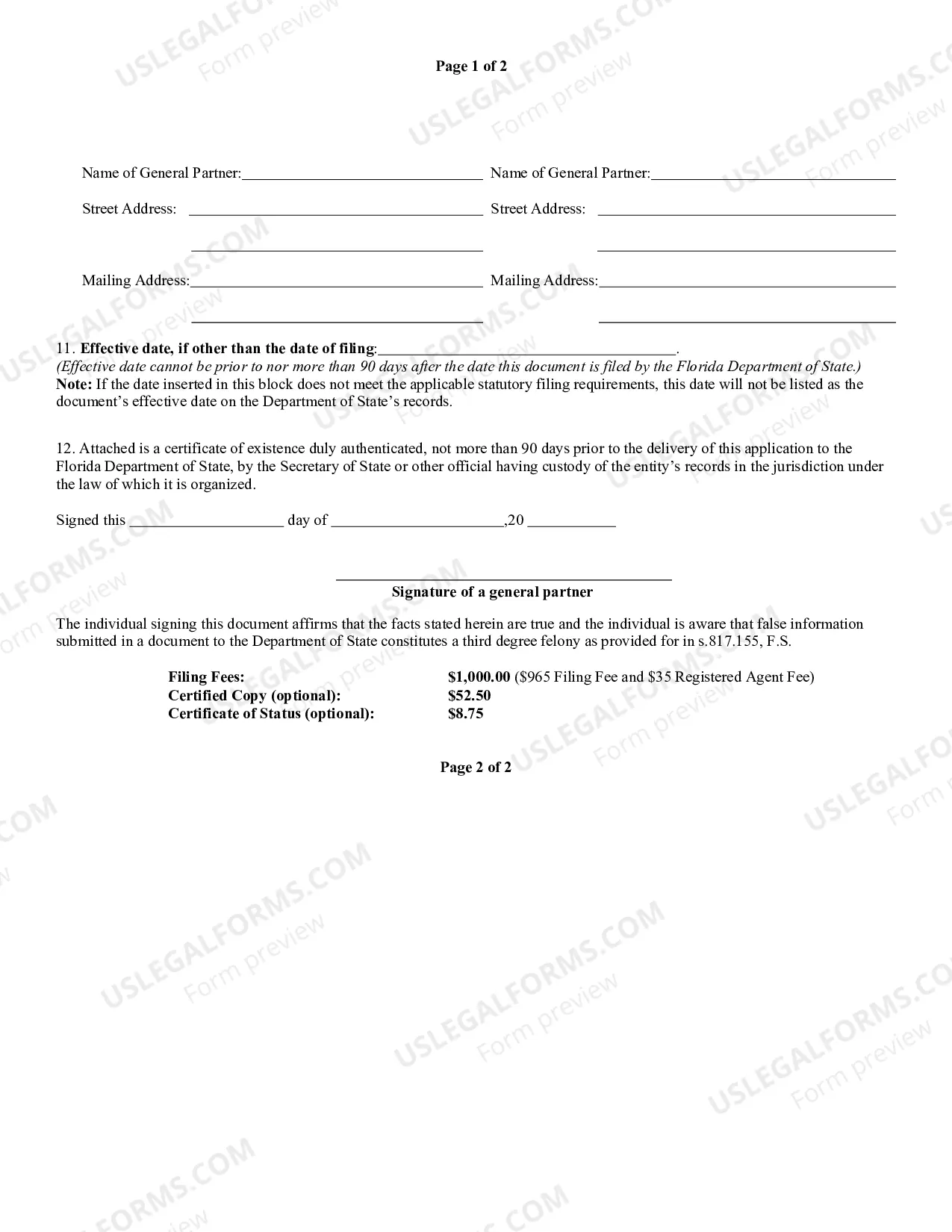 Preview Application By Foreign Limited Partnership For Authorization To Transact Business In Florida