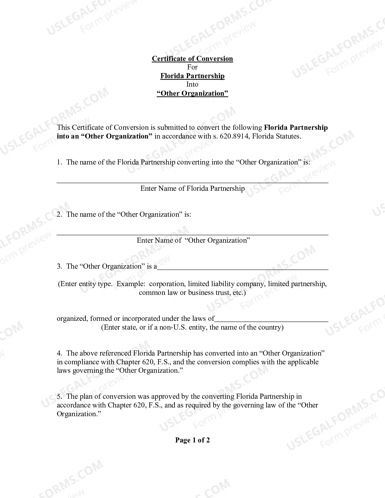Preview Certificate of Conversion For Florida Partnership Into Other Organization