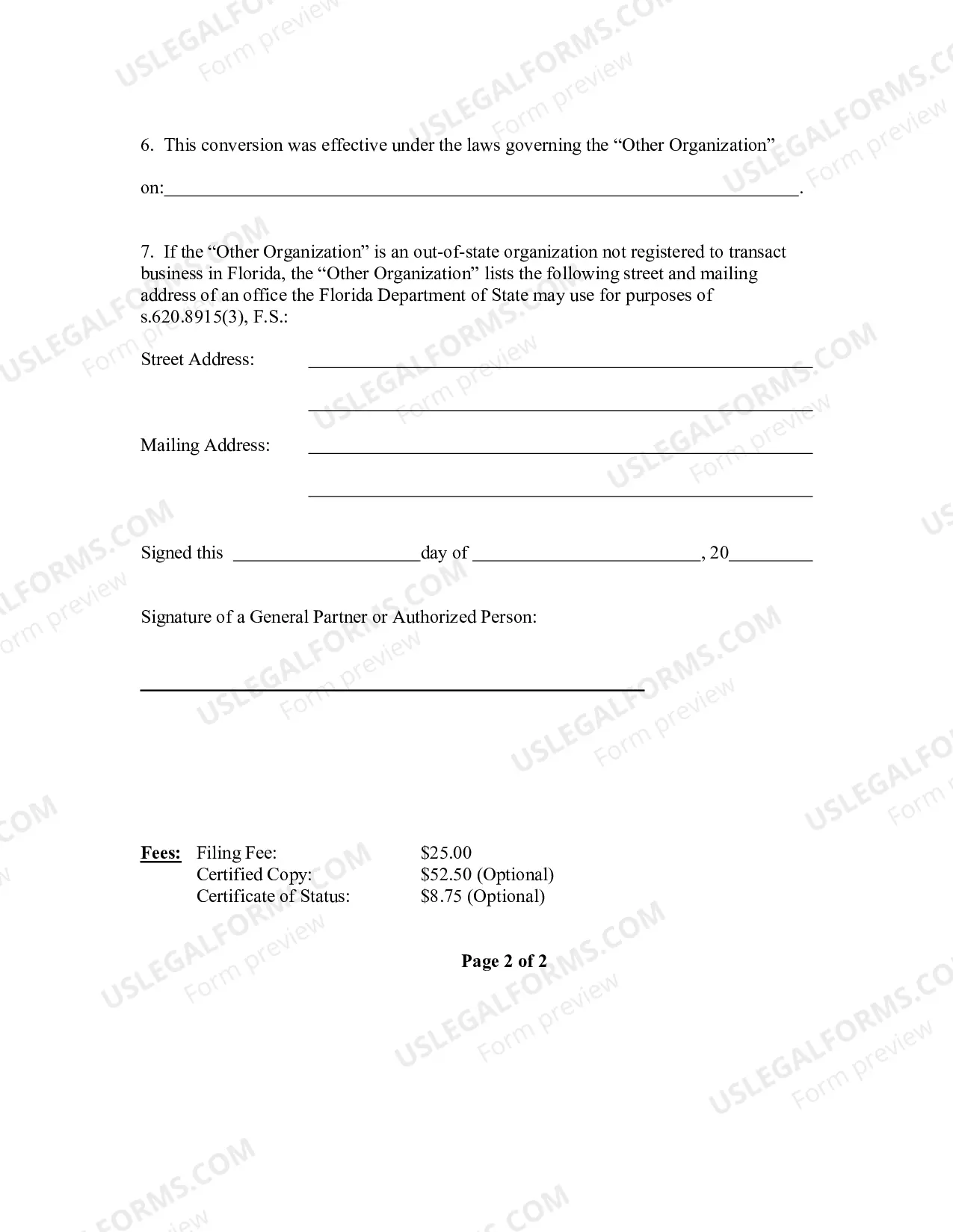 Preview Certificate of Conversion For Florida Partnership Into Other Organization