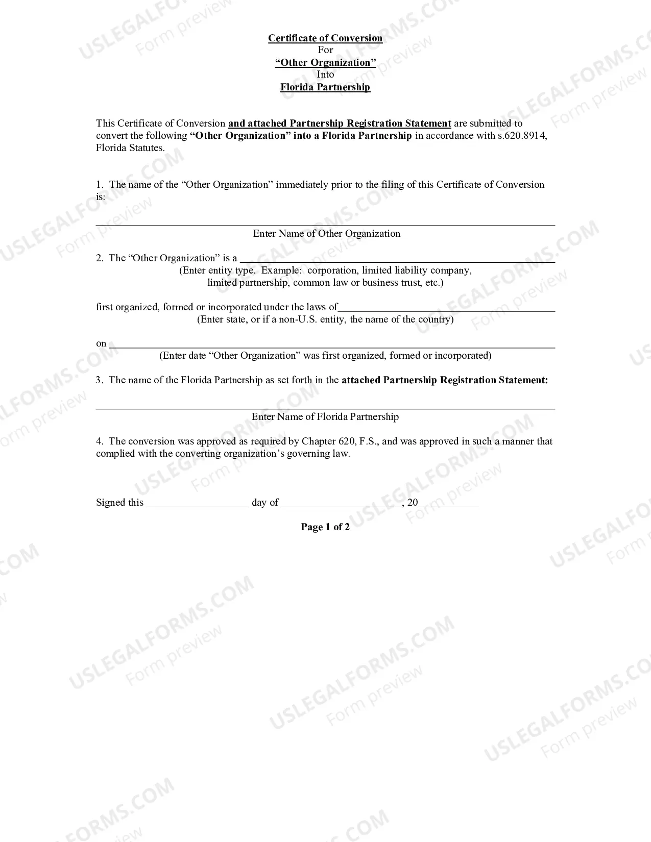 Preview Certificate of Conversion For Other Organization Into Florida Partnership