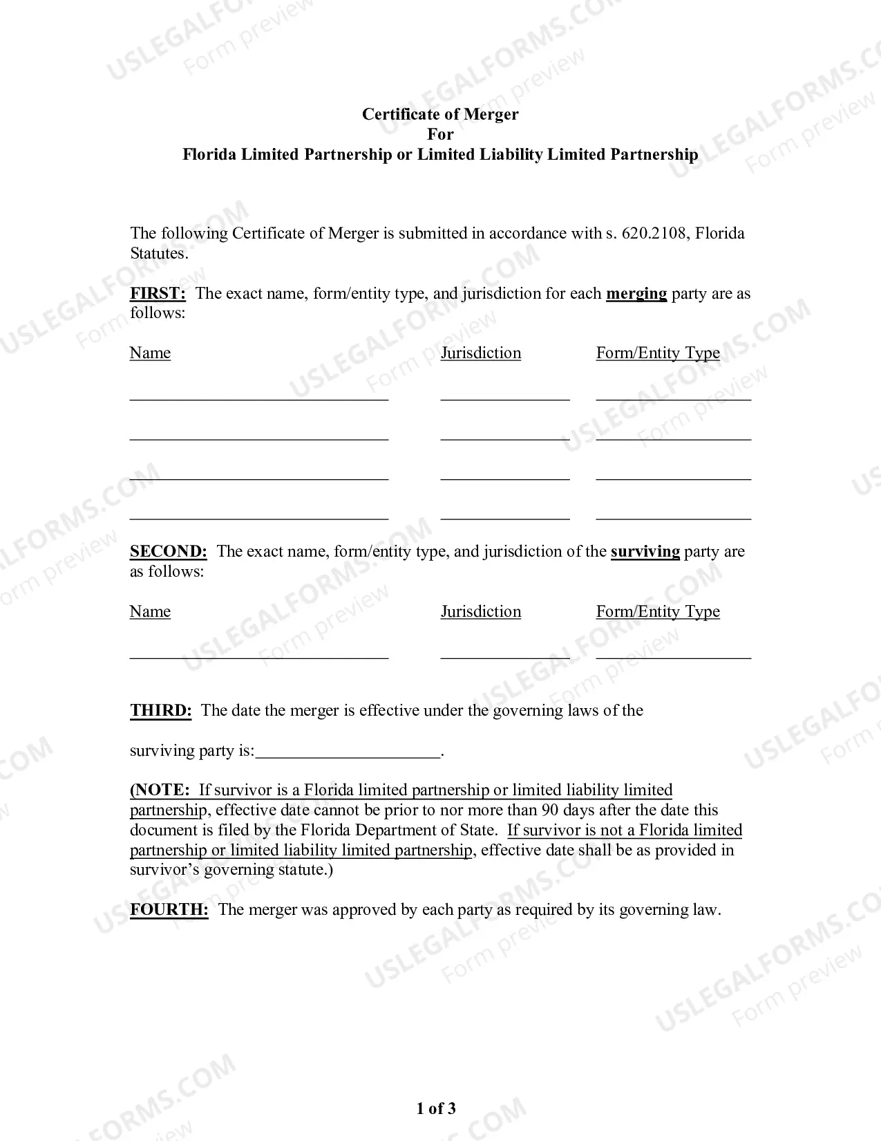 Preview Certificate of Merger For Florida Limited Partnership Or Limited Liability Partnership