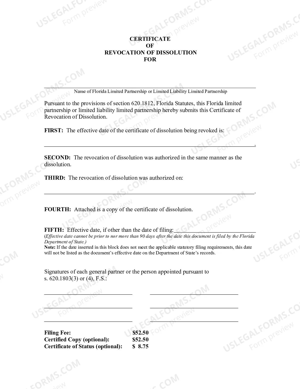 Preview Certificate of Revocation Of Dissolution For Florida Limited Partnerhip or Limited Liability Partnership