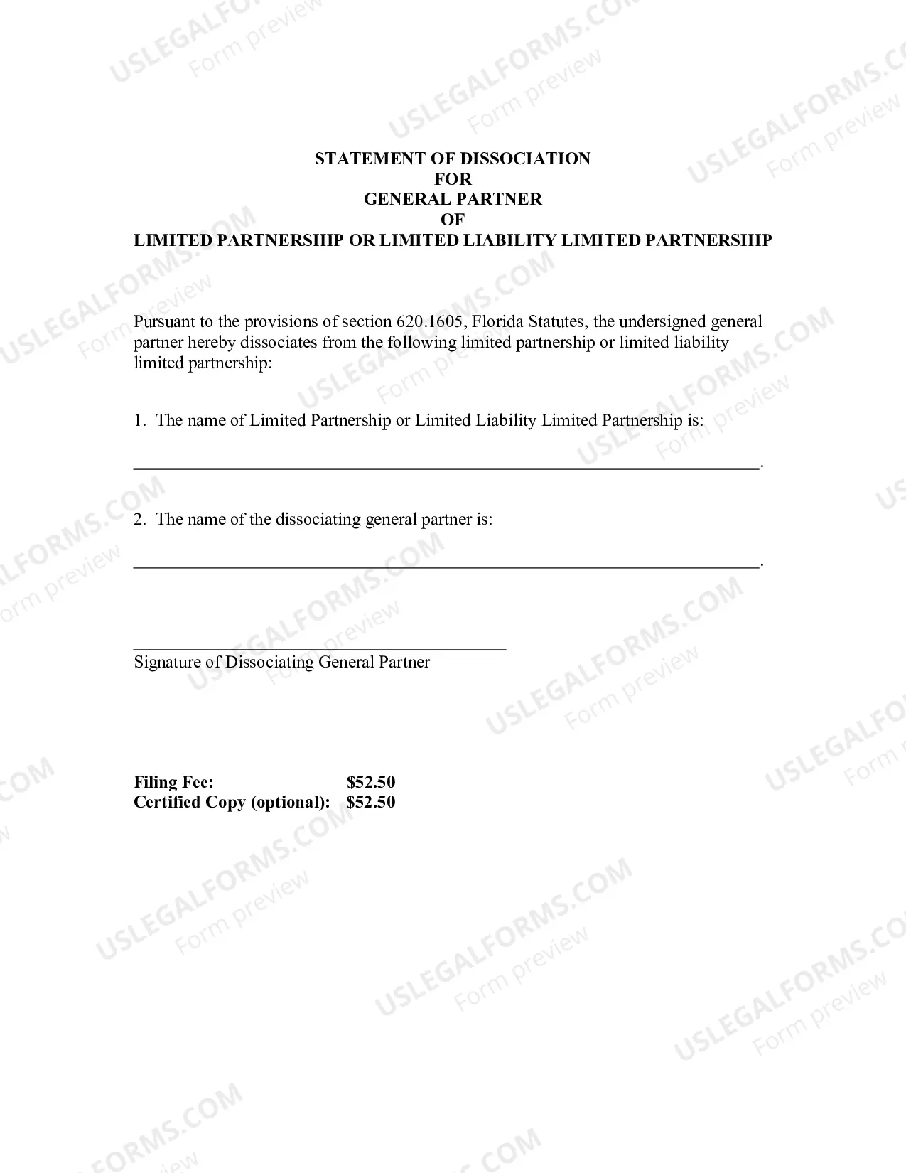 Preview Statement of Dissociation For General Partner Of Limited Partnership Or Limited Liability Partnership
