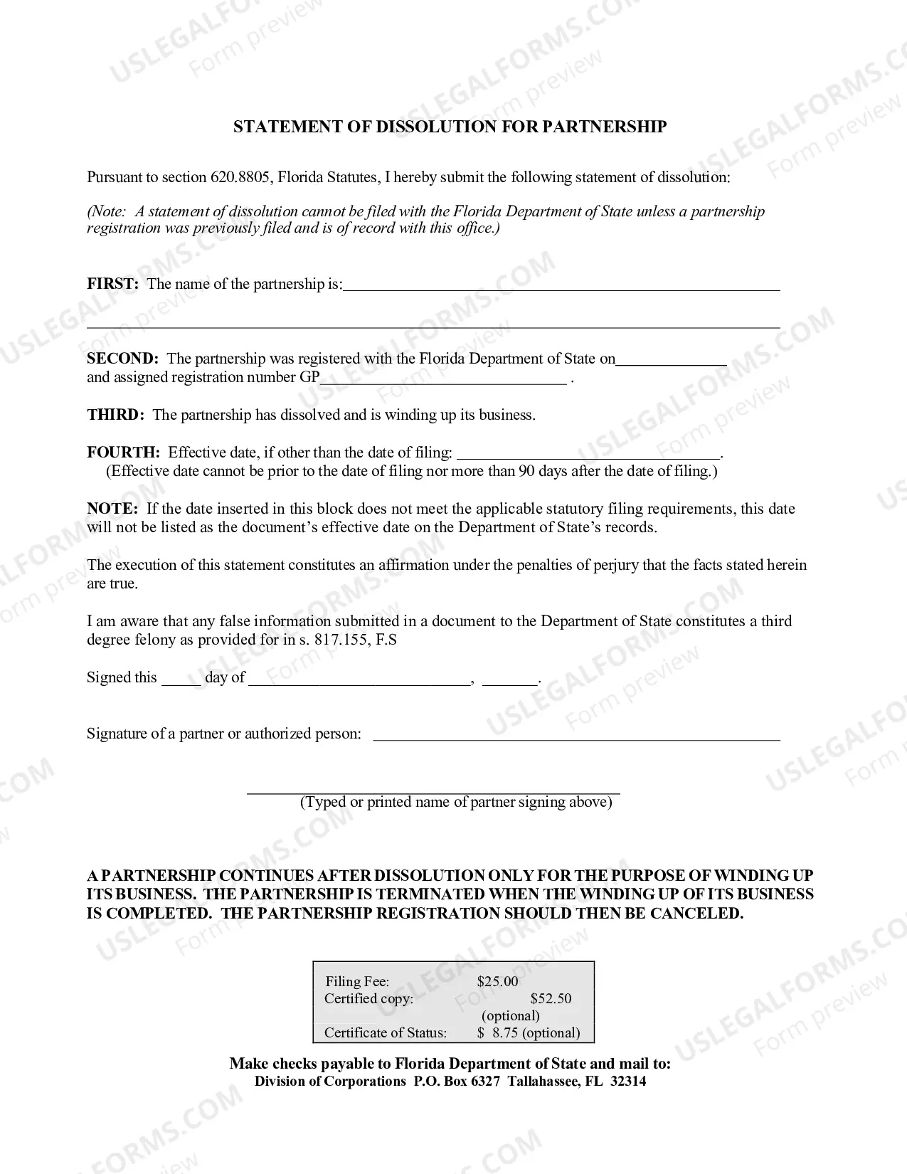 Preview Statement of Dissolution For Partnership