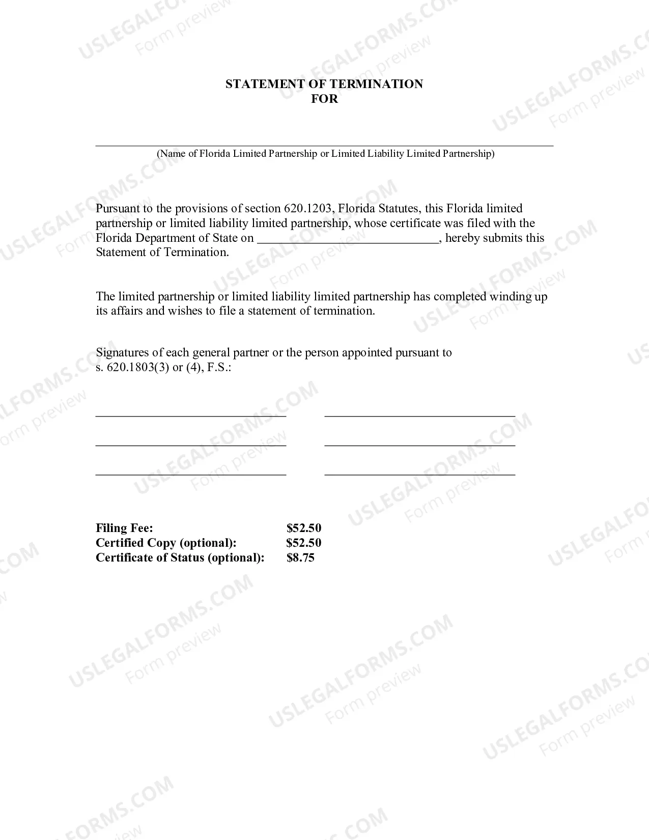 Preview Statement of Termination For Florida Limited Partnership Or Limited Liability Partnership