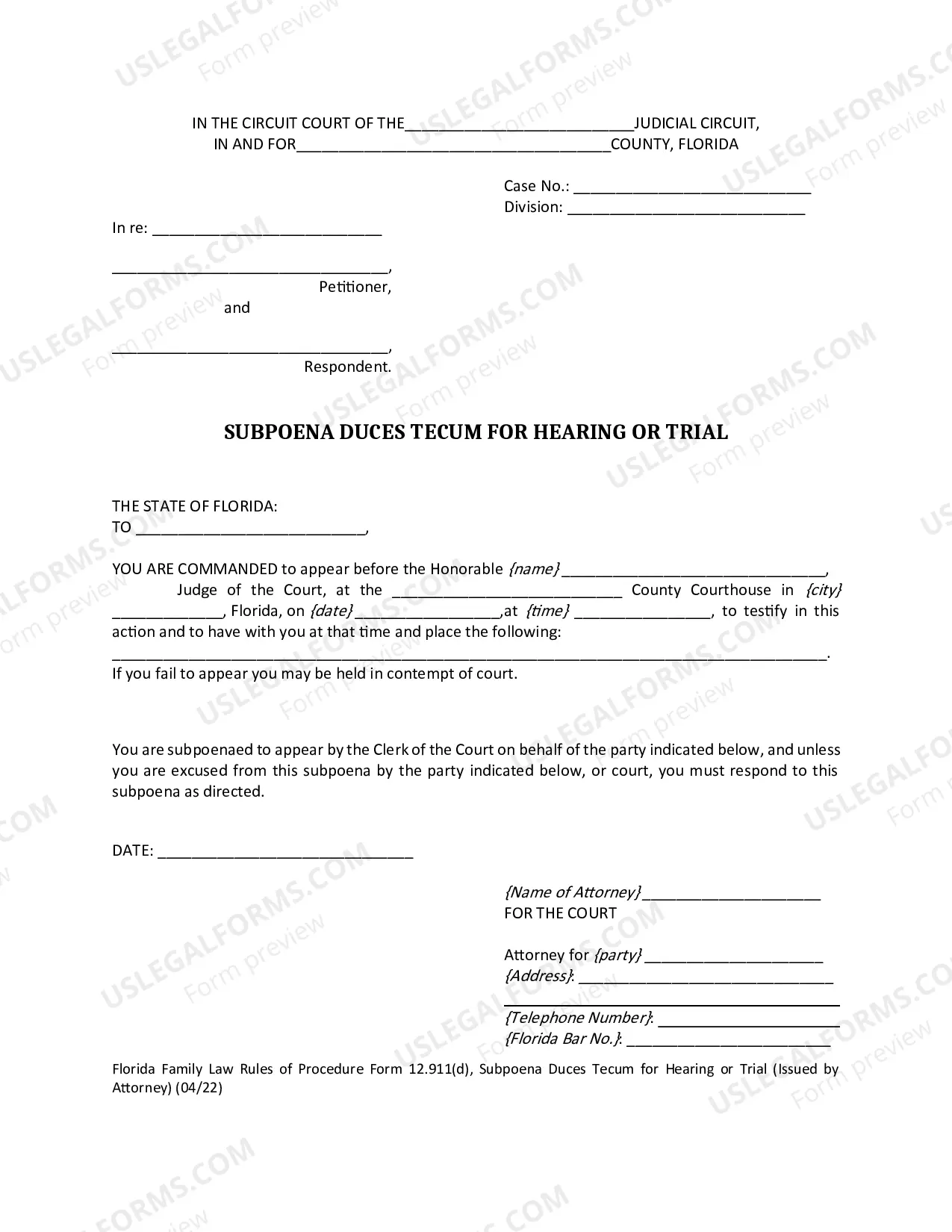 Preview Subpoena Duces Tecum For Trial (For Issuance By Attorney)