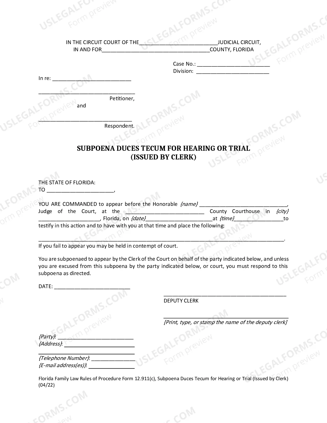 Preview Subpoena Duces Tecum For Trial (For Issuance By Clerk)