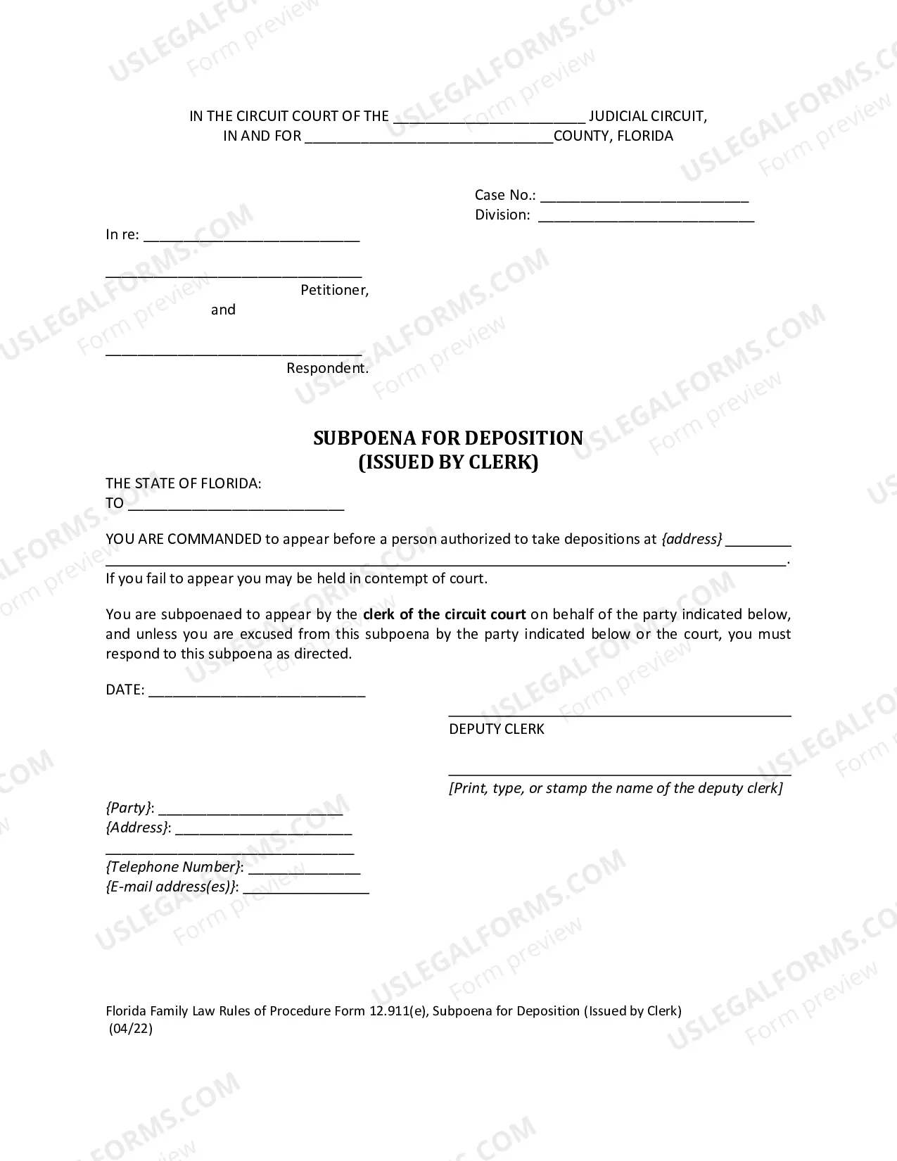 Preview Subpoena For Deposition (For Issuance By Clerk)