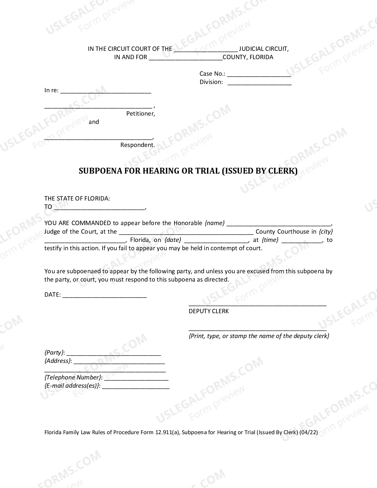 Preview Subpoena For Trial (For Issuance By Clerk)