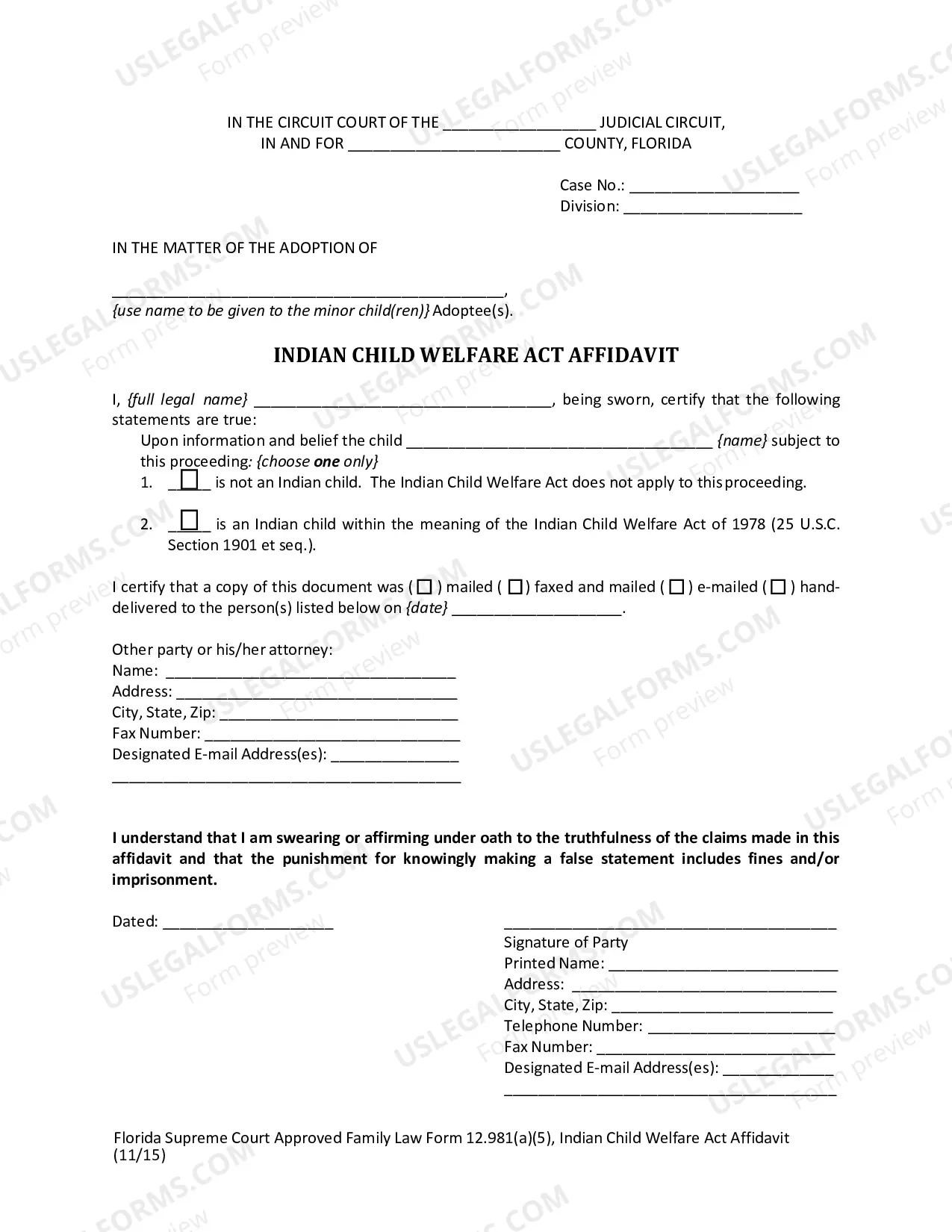 Preview Indian Child Welfare Act Affidavit