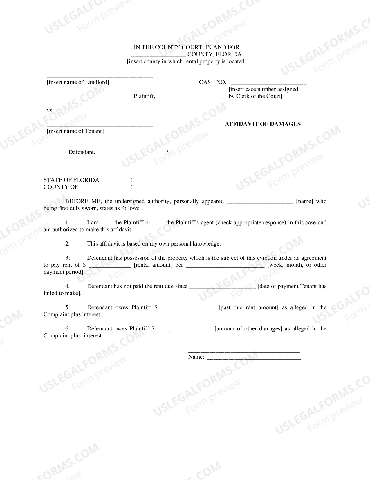 Preview Affidavit of Damages